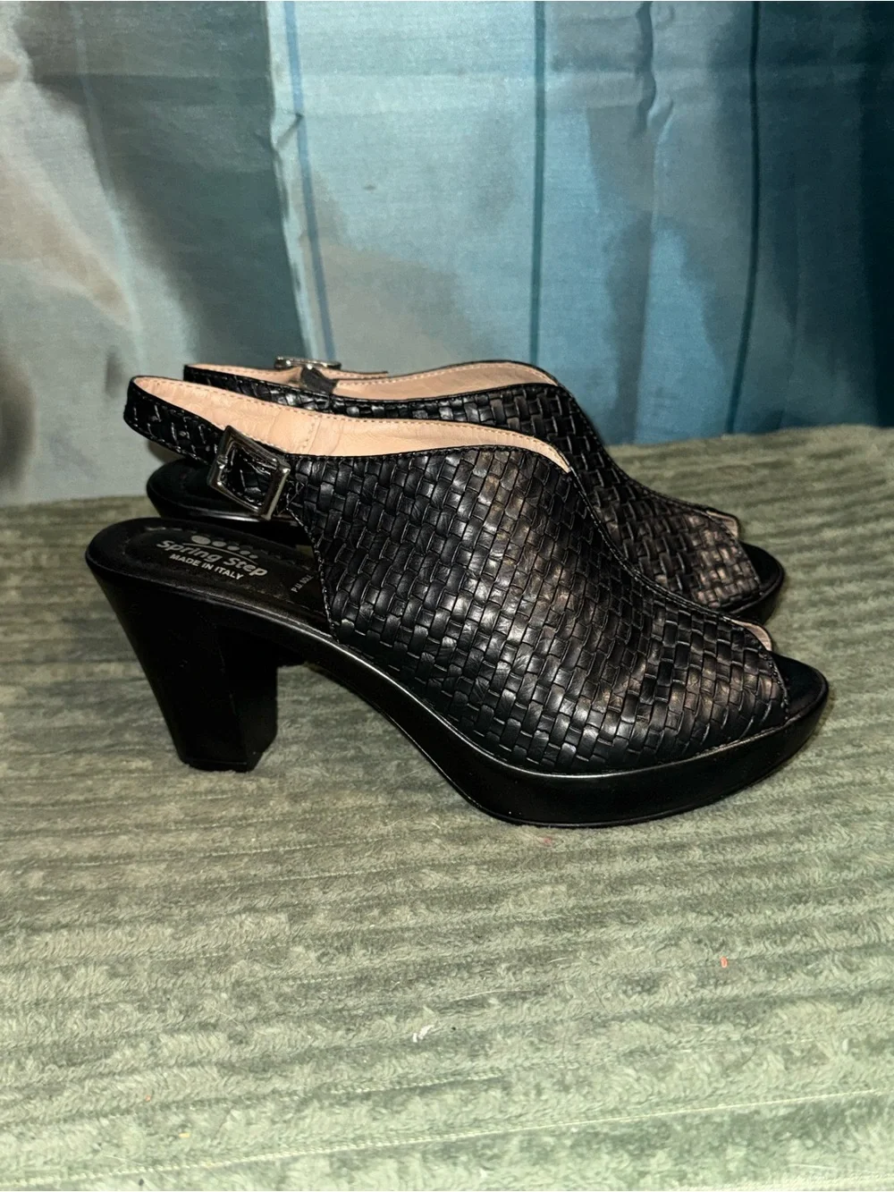 Spring Step Black Woven Slingback Heeled Sandals